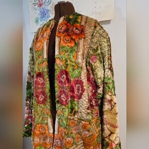 Jessica Multicolor Floral Velvet Trench Coat - Green, Orange, Pink, Brown